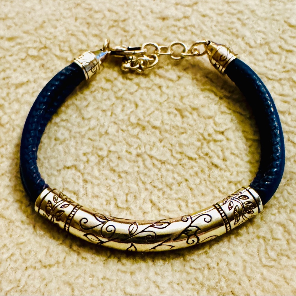 Brighton Blue leather with silver leaf Swirls  Bracelet